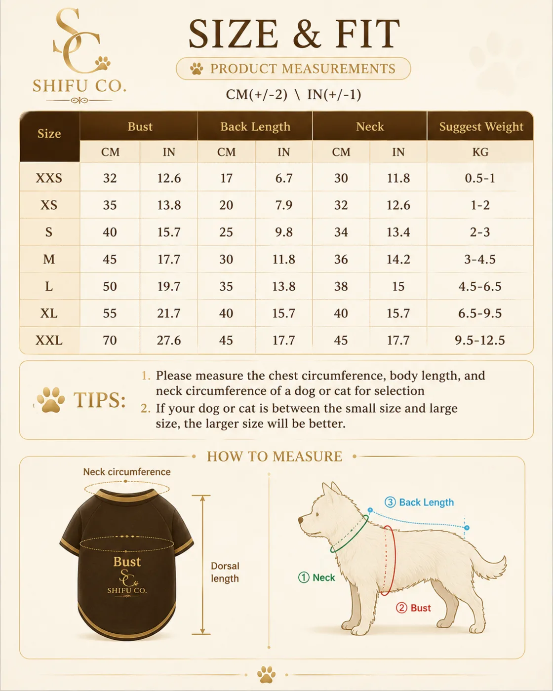 Shifu Co. clothing size guide