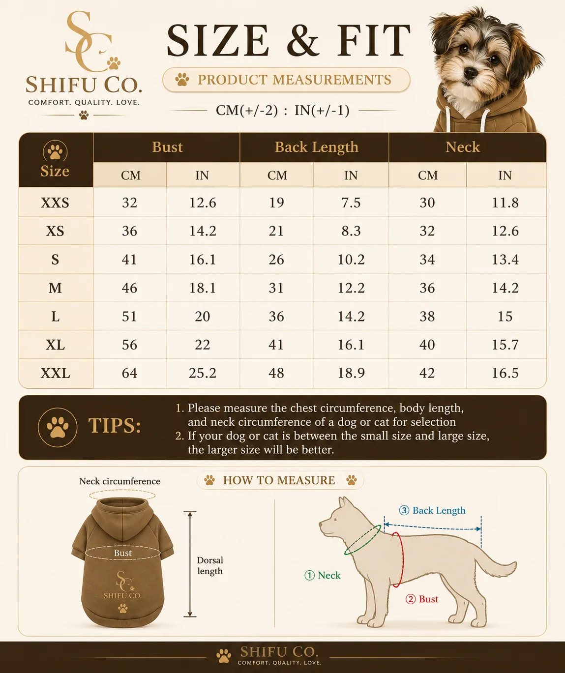 Shifu Co. clothing size guide